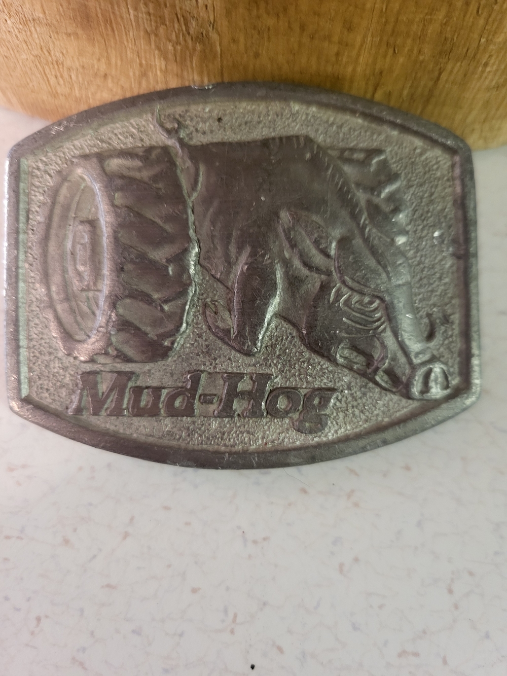 VINTAGE PEWTER MUDHOG DRIVE SYSTEMS INDIANA BELT BUCKLE 2"× 2 3/4"